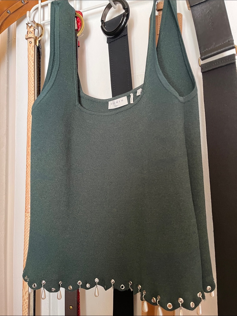 Sandro Dark Green Tank Top with Pearl Drop Hem